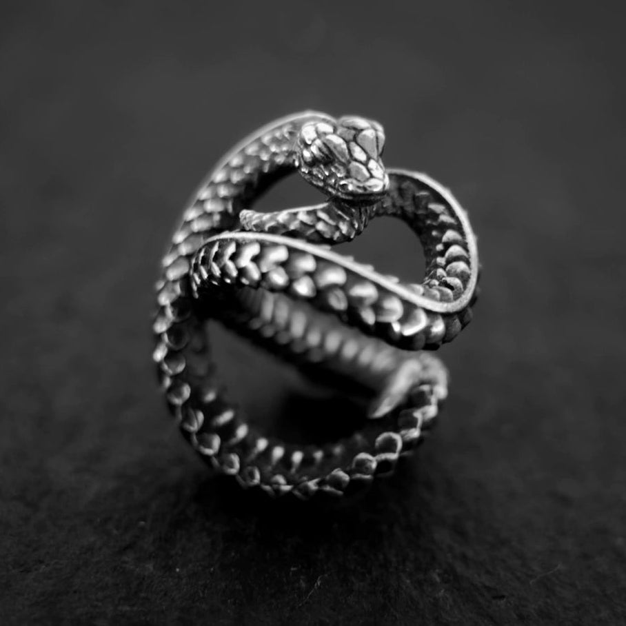 A silver snake ear cuff with textured scales, coiled around a dark, textured stone background.